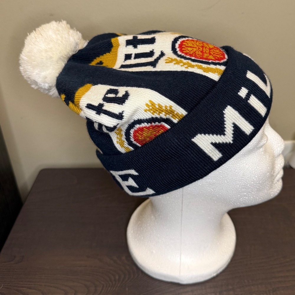 Miller Lite Beer Beanie Knit Pom Hat Navy Blue White Gold Acrylic Winter Cap